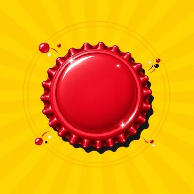 glossy red bottle cap on a yellow sunburst